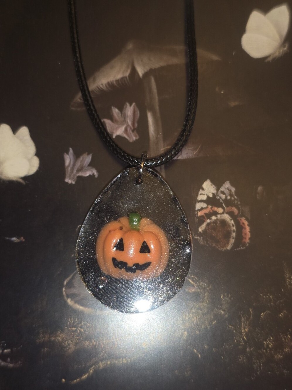 Resin Orange Pumpkin Pendant On Black Cord Necklace